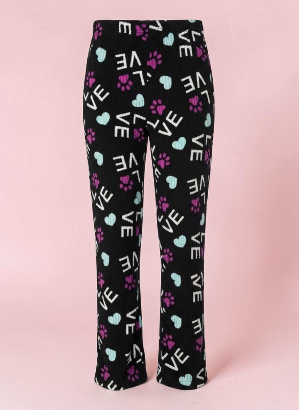 Faded Glory Plush Fleece Pajama Pants M 8-10 Black Pink Paw Print Love
